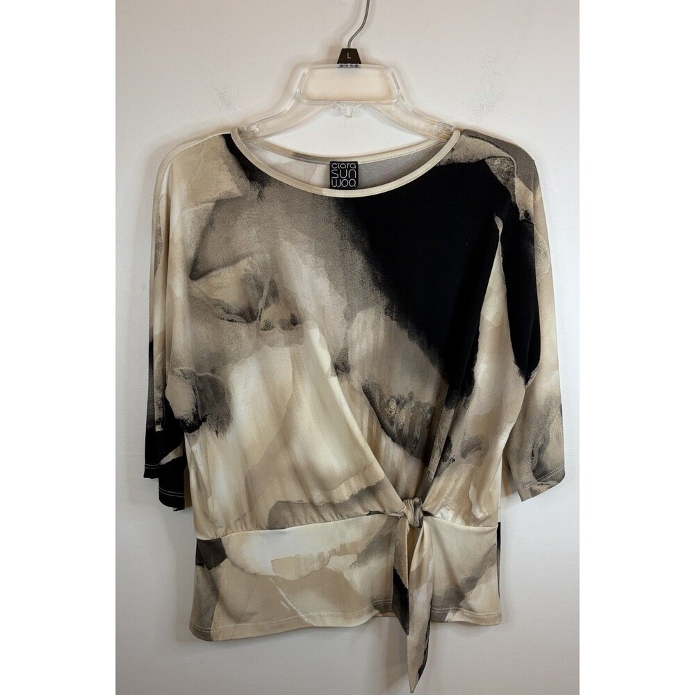 CLARA SUN WOO Neutral Abstract Watercolor Tie Waist Top Small Blouse Marble Art